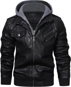 Men Black PU Leather Moto Biker <b>Jacket</b> Hooded Zipper Front Solid Color Slim Fit Regular Sleeve Autumn Windproof - Product Image 1