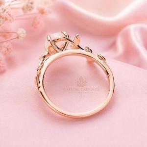 Natural Rose Quartz Rhodium Plated Sterling Silver Engagement Ring with <b>Leaf</b> <b>Vine</b> Design Nature Inspired Promise Ring for Women - Product Image 3