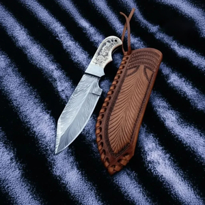 Handmade Damascus Steel Feather Pattern Hunting Skinning <b>Knife</b> with Engraved <b>Bone</b> <b>Handle</b> and Leather Sheath - Product Image 4