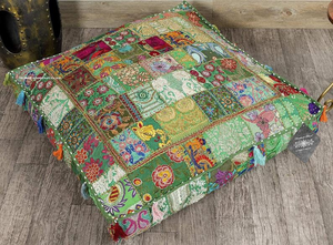 Housse de coussin carrée patchwork style bohème, faite à la main en coton et lin, décoration intérieure, motif vert multicolore - Product Image 2
