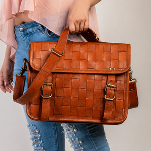 Brown Woven Leather Handbag Bag Vintage <b>Shoulder</b> Satchel with Buckle <b>Straps</b> Premium Office Travel Tote for Women - Product Image 3