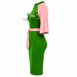 Alfa |   Kapa |   Vestido Midi Ajustado Alpha para Mujer, Verde y Rosa, con Bloques de Color en Contraste, Manga Capa, Detalle de Botones y Lazo en la Cintura - Product Image 5