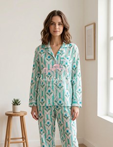 Handmade Cotton Pajama Set for Women Hand Block Print Long Sleeve Button <b>Down</b> Shirt and Matching Straight Leg Trousers - Product Image 5