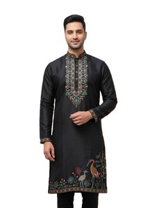 <b>Men's</b> Black Embroidered <b>Kurta</b> With Bird Floral Design Traditional Indian Pakistani Wedding Wear Regular Fit Ankle-Length Silk - Product Image 2
