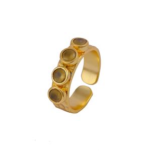 Anillos de Banda de Latón con Ojo de Gato Beige y Múltiples Piedras, Chapados en Oro, Hechos a Mano, Ajustables, con Piedras Preciosas de Moda - Product Image 2