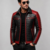 Veste en cuir noire et rouge pour homme, style motard, motif crocodile embossé, fermeture éclair, col rabattu, coupe ajustée, pour l'automne