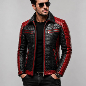Veste en cuir noire et rouge pour homme, style motard, motif crocodile embossé, fermeture éclair, col rabattu, coupe ajustée, pour l'automne - Product Image 1
