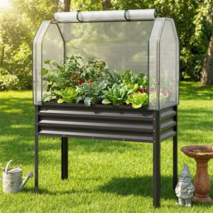 Fioriera rialzata 3-in-1 in metallo nero con copertura a mini serra per giardini e ambienti interni - Product Image 2