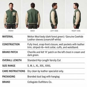 OEM Custom <b>Men's</b> Varsity <b>Jacket</b> Green and <b>Cream</b> Letterman <b>Jacket</b> with Chenille Patch Classic Retro College Baseball Coat Wholesa - Product Image 6