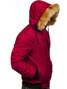 Blouson bomber rouge pour homme avec capuche en fourrure, coupe-vent, hiver, décontracté, rembourrage en polyester épais, coupe régulière, couleur unie - Product Image 2