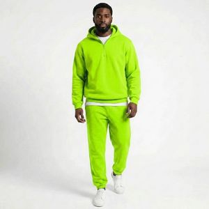 Sweat-shirt pour homme tendance, couleur vert néon, à capuche, surdimensionné, avec poches latérales, en molleton de coton, vêtement décontracté pour homme, demi-zip - Product Image 3