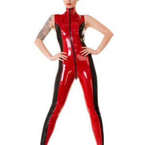 Women's Black <b>Red</b> Color Blocked Sleeveless High Waist Skinny Full Length Jumpsuit Stand Collar Clubwear - Product Image 3