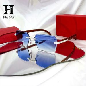 Luxury Rimless Cut Edge Diamond Sunglasses Men Women Patterned <b>Wood</b> <b>Temples</b> Blue Gradient Lens Eyewear - Product Image 3