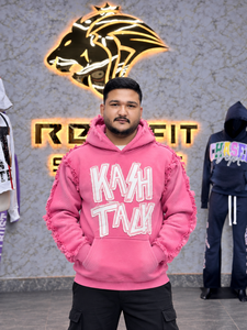Sweat à capuche rose personnalisé pour homme, coupe oversize, en molleton épais, style streetwear, avec détails graphiques et bordures vieillies, décontracté - Product Image 6