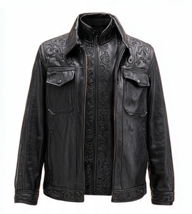 Veste en cuir marron gaufré pour homme Champ King avec doublure en satin vert, col montant et fermeture éclair - Product Image 1