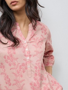 Chemisier en mousseline de soie pour femme, imprimé floral rose pastel, coupe décontractée, manches trois quarts, boutonné, style bohème ethnique, pour le quotidien - Product Image 2