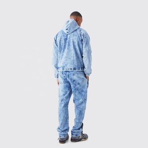 Ensemble de survêtements pour hommes deux pièces délavés à l'acide 100% coton pantalon de survêtement évasé surdimensionné et sweat à capuche avec denim polaire couleur délavée - Product Image 3