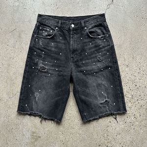 Pantalones Cortos de Mezclilla para Hombre, Lavado Claro, Desgastados, Cintura Media, Pierna Recta, Casuales, de Verano, Ecológicos, de Algodón Negro - Product Image 1