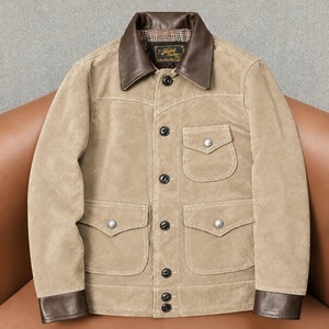 Veste en cuir de vachette suédée vintage pour homme, col rabattu, multi-poches, coupe classique, vêtement décontracté de style motard - Product Image 3
