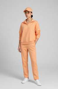 Conjunto Deportivo Casual Color Durazno para Mujer, Top de Manga Larga con Cuello Camisero, Pantalones Largos, Color Sólido, Conjunto de 2 Piezas - Product Image 4