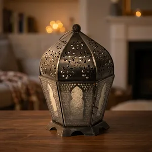 Artisan Design Handmade Iron & Glass <b>Lantern</b> <b>Candle</b> <b>Holder</b> with Floral Cutouts and Arched Panels for Home Decoration - Product Image 4