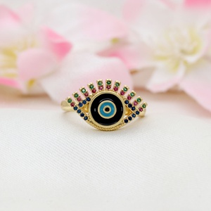 Bague ajustable en argent 925 plaqué or avec émail et zircone cubique multicolore motif œil porte-bonheur, bijoux fins Memoria Jewels - Product Image 4