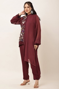Elegant Women's Embroidered Cord Set Mandarin Collar <b>Loose</b> Boho Style Full Sleeve Georgette Casual <b>Dress</b> - Product Image 6