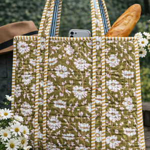 Bolsa de Compras Acolchada con Estampado Floral Hecho a Mano para Mujer, Bolsas de Tela de Algodón Estampadas de Jaipur Lavables y Personalizadas - Product Image 1