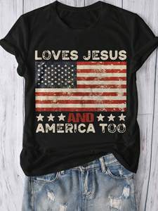 T-shirt noir à manches courtes pour femmes, avec imprimé drapeau américain, Loves Jesus And America Too, col rond, haut d'été décontracté - Product Image 2