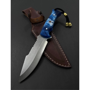 Cuchillo de Caza y Camping para Exteriores, Hoja Fija de Acero Inoxidable, Borde Parcialmente Dentado, Mango de Epoxi Azul, Funda de Cuero - Ligero - Product Image 1