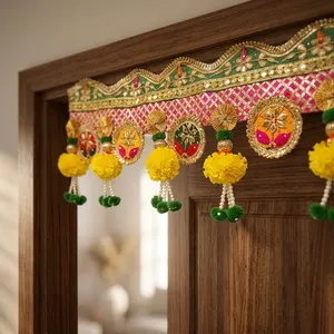 Beautiful Indian Bandhanwar with Intricate Embroidery Colorful Ornaments Yellow Flowers and Green Beaded Tassels - Product Image 5