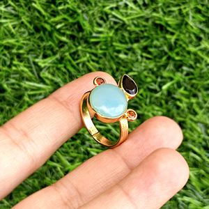 Hip hop <b>ring</b> sky blue chalcedony with hydro quartz <b>adjustable</b> <b>ring</b> solid brass 18k gold plated triple gemstone boho jewelry <b>ring</b> - Product Image 5