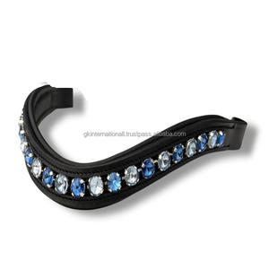 Acolchado de vaca Premium suave Banda de ceja de caballo de cuero inglés negro de todas las formas con cadena de diamante redonda de plata y cristales de agua - Product Image 2