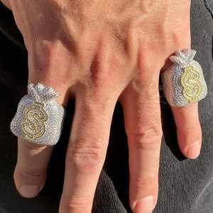 Iced Out <b>Gold</b> Plated S925 Silver <b>Cocktail</b> <b>Ring</b> Diamond Baguette Cut Letters Blue Inlay Pave Setting Hiphop Style Diamond <b>Ring</b> - Product Image 6