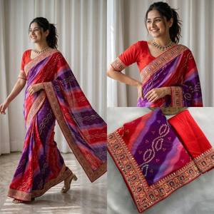 Traditional Indian Silk <b>Saree</b> Women <b>Red</b> Purple Gradient Embroidered Border Floor-Length Recycled Materials for Wedding Occasion - Product Image 3