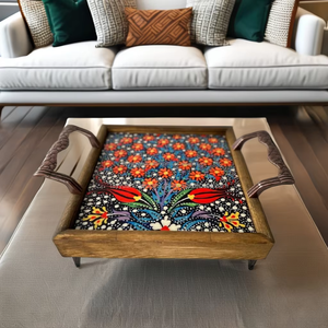 Bandeja de madera de acacia de bambú rectangular hecha a mano al por mayor con mango de metal bandeja de desayuno de madera para comida - Product Image 1