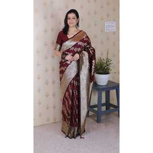 Robes de soirée Elite Weaves en soie douce marron, sari tissé Banarasi Jaal Meenakari Zari 650g - Product Image 6