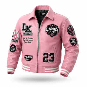 Custom Pink Leather Varsity <b>Jacket</b> for <b>Men</b> Premium Letterman Bomber <b>Jacket</b> with Embroidered Chenille Patches OEM ODM Manufacture - Product Image 2