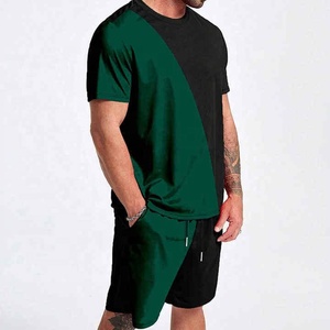 Conjunto de camiseta y pantalones cortos para hombre, en bloques de color negro y verde, cuello redondo, manga corta, corte holgado, informal, transpirable, para verano. - Product Image 4