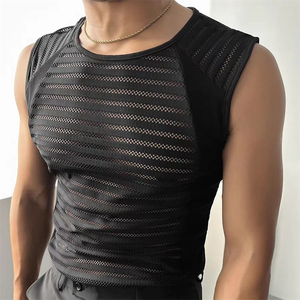 Men's Black <b>Mesh</b> Tank <b>Top</b> O-Neck Striped Hollow Out Breathable Knitted Street Style Spandex Polyester - Product Image 5
