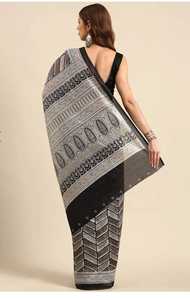 Sari en soie noir et gris imprimé numériquement, élégant, pour femmes, style Inde Pakistan, idéal pour les fêtes, coupe classique, infroissable, toutes saisons - Product Image 3