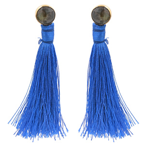 <b>Small</b> Blue Tassel <b>Dangle</b> <b>Earrings</b> with Natural Labradorite Stone Stud Gold Plating Long Fringe Drop <b>Earrings</b> for Women - Product Image 1