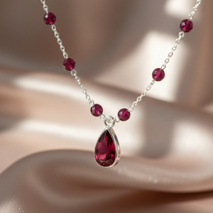 สร้อยคอพลอยโกเมนทำมือ ขนาด 8 มม. รูปทรงกลม ประดับพลอยรูปหยดน้ำ ความยาว 16 นิ้ว ชุบทองบนเงิน  เครื่องประดับสำหรับงานปาร์ตี้ งานแต่งงาน ของขวัญสำหรับเธอ - Product Image 4