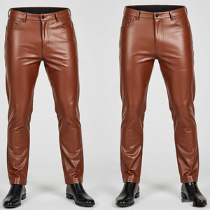 ARZINEN INDUSTRY Pantalon Moto Homme en Cuir Marron Doublé Polaire Hiver Coupe Droite avec Fermeture Éclair et Boutons Taille Mi-Haute - Product Image 2