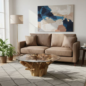 Mesa de Centro de Raíz de Teca Safina de Alta Gama, Redonda, de Madera Maciza con Acabado Natural y Tapa de Vidrio Transparente, Diseño Moderno, Ecológico y Único - Product Image 3