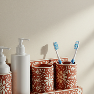Terracotta Bathroom Accessory <b>Set</b> Decorative Floral Wall Shelf Dual <b>Soap</b> Pumps and Toothbrush Tumblers Rust Orange & White - Product Image 2