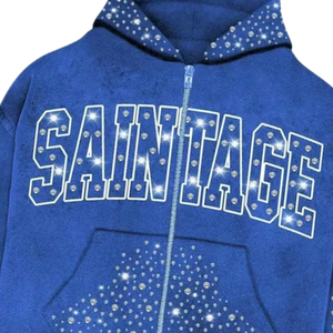 Blue Rhinestone Hoodie Zip Up Men Custom Logo Cotton Fleece Oversized Streetwear Sweatshirt Tracksuit Top Wholesale Supplier - Product Image 4