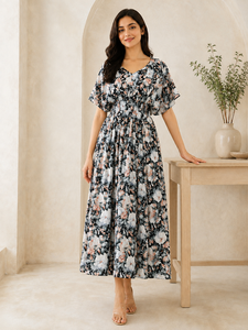 Robe MIDI Femme Imprimé Floral 2026 de Haute Qualité en Gros, Manches Courtes Volantes, Col en V, Couleur Blanche, Confortable, Vêtements Féminins - Product Image 1