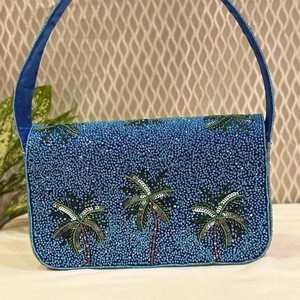 Blue Date Palm <b>Tree</b> Beaded Clutch Bag Handmade Tropical Embroidered Evening Purse - Product Image 2
