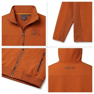 Men's Orange Hooded <b>Fleece</b> Jacket with Zipper Closure and Chest Pocket Casual Autumn Windproof 100% Polyester - Product Image 4